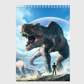 Скетчбук с принтом Ark Survival Evolved в Курске, 100% бумага
 | 48 листов, плотность листов — 100 г/м2, плотность картонной обложки — 250 г/м2. Листы скреплены сверху удобной пружинной спиралью | ark | ark survival | dino | t rex | арк | арк сурвайвал | дино | динозавр | динозавры | спинозавр | тираннозавр