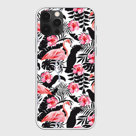 Чехол для iPhone 12 Pro с принтом фламинго и попугаи в Курске, силикон | область печати: задняя сторона чехла, без боковых панелей | птицы | тропики | фламинго