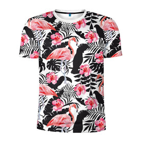 Мужская футболка 3D спортивная с принтом фламинго и попугаи в Курске, 100% полиэстер с улучшенными характеристиками | приталенный силуэт, круглая горловина, широкие плечи, сужается к линии бедра | птицы | тропики | фламинго