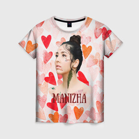 Женская футболка 3D с принтом Manizha на фоне сердечек в Курске, 100% полиэфир ( синтетическое хлопкоподобное полотно) | прямой крой, круглый вырез горловины, длина до линии бедер | manizha | далеровна | душанбе | евровидение | евровидение 2021 | манижа | певица | таджикистан | хамраева