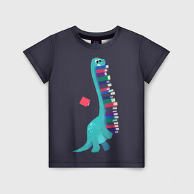 Детская футболка 3D с принтом Book Dinosaur в Курске, 100% гипоаллергенный полиэфир | прямой крой, круглый вырез горловины, длина до линии бедер, чуть спущенное плечо, ткань немного тянется | barosaurus | book | books | dino | dinosaur | knowledge | study | барозавр | знания | книга | книги | книжный