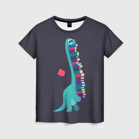Женская футболка 3D с принтом Book Dinosaur в Курске, 100% полиэфир ( синтетическое хлопкоподобное полотно) | прямой крой, круглый вырез горловины, длина до линии бедер | barosaurus | book | books | dino | dinosaur | knowledge | study | барозавр | знания | книга | книги | книжный