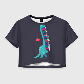 Женская футболка Crop-top 3D с принтом Book Dinosaur в Курске, 100% полиэстер | круглая горловина, длина футболки до линии талии, рукава с отворотами | barosaurus | book | books | dino | dinosaur | knowledge | study | барозавр | знания | книга | книги | книжный