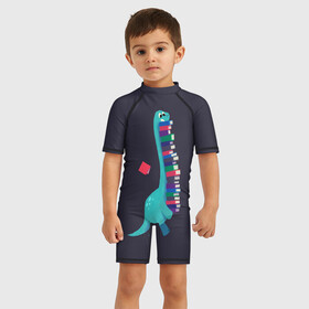 Детский купальный костюм 3D с принтом Book Dinosaur в Курске, Полиэстер 85%, Спандекс 15% | застежка на молнии на спине | barosaurus | book | books | dino | dinosaur | knowledge | study | барозавр | знания | книга | книги | книжный