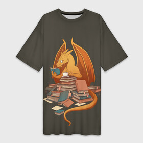 Платье-футболка 3D с принтом Book Dragon в Курске,  |  | book | books | dragon | knowledge | professor | study | tea | wyvern | виверна | дракон | знания | книга | книги | книжный | профессор | чай