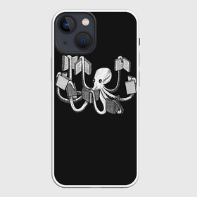 Чехол для iPhone 13 mini с принтом Octopus Book в Курске,  |  | black | book | books | dual | knowledge | octopus | study | white | белое | знания | книга | книги | книжный | осьминог | черно белое | черное