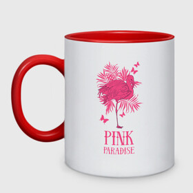 Кружка двухцветная с принтом pink paradise в Курске, керамика | объем — 330 мл, диаметр — 80 мм. Цветная ручка и кайма сверху, в некоторых цветах — вся внутренняя часть | flamingo | птицы | розовый | фламинго