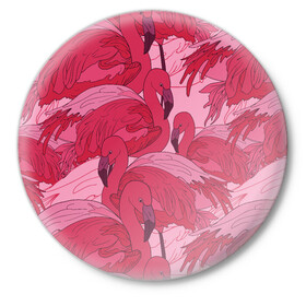 Значок с принтом розовые фламинго в Курске,  металл | круглая форма, металлическая застежка в виде булавки | Тематика изображения на принте: flamingo | птицы | розовый | фламинго