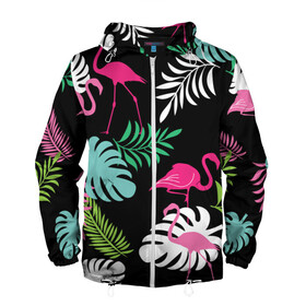 Мужская ветровка 3D с принтом фламинго с цветами в Курске, 100% полиэстер | подол и капюшон оформлены резинкой с фиксаторами, два кармана без застежек по бокам, один потайной карман на груди | flamingo | птицы | розовый | фламинго