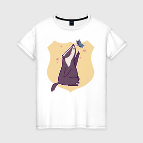Женская футболка хлопок с принтом Барсук и бабочка в Курске, 100% хлопок | прямой крой, круглый вырез горловины, длина до линии бедер, слегка спущенное плечо | animals | бабочка | барсук | барсук и бабочка | животное | зверь | насекомое | сердечко