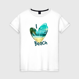 Женская футболка хлопок с принтом Love Beach в Курске, 100% хлопок | прямой крой, круглый вырез горловины, длина до линии бедер, слегка спущенное плечо | любовь | море | пальма | пляж | сердце
