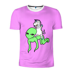 Мужская футболка 3D спортивная с принтом Инопланетянин и Единорожка в Курске, 100% полиэстер с улучшенными характеристиками | приталенный силуэт, круглая горловина, широкие плечи, сужается к линии бедра | волшебство | единорог | забавное | инопланетянин
