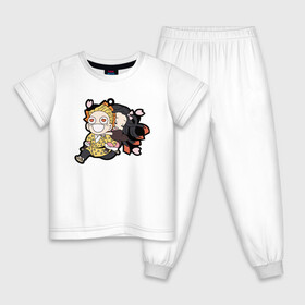 Детская пижама хлопок с принтом ЗЕНИЦУ И НЕЗУКА в Курске, 100% хлопок |  брюки и футболка прямого кроя, без карманов, на брюках мягкая резинка на поясе и по низу штанин
 | Тематика изображения на принте: demon slayer | kimetsu no yaiba | nezuko | shinobu | slayer | tanjiro | zenitsu | гию томиока | демоны | зенитсу | зенитцу | зеницу | иноске хашибира | клинок рассекающий демонов | незуко | танджиро | шинобу кочо