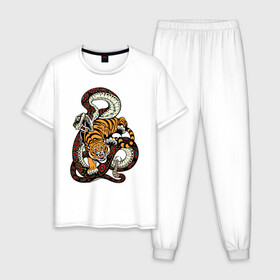 Мужская пижама хлопок с принтом Тигр и Змея Борьба в Курске, 100% хлопок | брюки и футболка прямого кроя, без карманов, на брюках мягкая резинка на поясе и по низу штанин
 | Тематика изображения на принте: beast | snake | tiger | борьба | животные | звери | змеи | зубы | когти | кошки | тигры | узор
