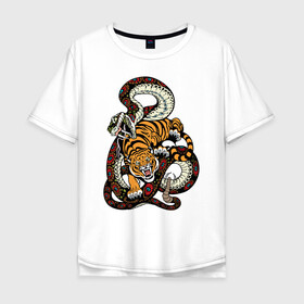 Мужская футболка хлопок Oversize с принтом Тигр и Змея Борьба в Курске, 100% хлопок | свободный крой, круглый ворот, “спинка” длиннее передней части | beast | snake | tiger | борьба | животные | звери | змеи | зубы | когти | кошки | тигры | узор