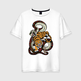 Женская футболка хлопок Oversize с принтом Тигр и Змея Борьба в Курске, 100% хлопок | свободный крой, круглый ворот, спущенный рукав, длина до линии бедер
 | beast | snake | tiger | борьба | животные | звери | змеи | зубы | когти | кошки | тигры | узор