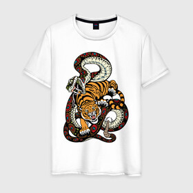 Мужская футболка хлопок с принтом Тигр и Змея Борьба в Курске, 100% хлопок | прямой крой, круглый вырез горловины, длина до линии бедер, слегка спущенное плечо. | beast | snake | tiger | борьба | животные | звери | змеи | зубы | когти | кошки | тигры | узор