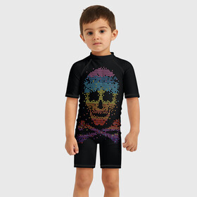 Детский купальный костюм 3D с принтом Радужный череп из пикселей в Курске, Полиэстер 85%, Спандекс 15% | застежка на молнии на спине | hell | skull | ад | скелет | ужасы | череп | черепушка