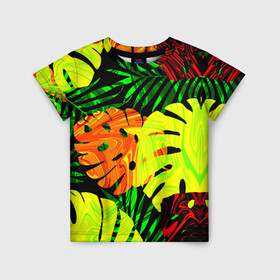 Детская футболка 3D с принтом ЛИСТЬЯ  в Курске, 100% гипоаллергенный полиэфир | прямой крой, круглый вырез горловины, длина до линии бедер, чуть спущенное плечо, ткань немного тянется | summer | джунгли | зелень | кислотный | лесной | летний принт | лето | листья папоротника | огненный | пальмовые листья | пальмы | папоротник | свежий | стильный | тренд | тропики | тропический камуфляж