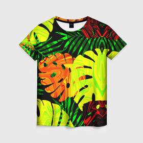 Женская футболка 3D с принтом ЛИСТЬЯ  в Курске, 100% полиэфир ( синтетическое хлопкоподобное полотно) | прямой крой, круглый вырез горловины, длина до линии бедер | summer | джунгли | зелень | кислотный | лесной | летний принт | лето | листья папоротника | огненный | пальмовые листья | пальмы | папоротник | свежий | стильный | тренд | тропики | тропический камуфляж