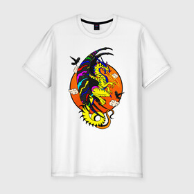 Мужская футболка хлопок Slim с принтом Красочный дракон в Курске, 92% хлопок, 8% лайкра | приталенный силуэт, круглый вырез ворота, длина до линии бедра, короткий рукав | deagon | fantasy | monster | wings | вороны | дракон | животные | зверь | змей | китайский дракон | крылья | луна | мифические существа | монстр | облака | огненный | огонь | пламя | птицы | радужный | сказочный