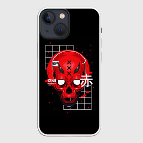 Чехол для iPhone 13 mini с принтом КРАСНЫЙ ЧЕРЕП КИБЕРПАНК в Курске,  |  | bones | cyberpunk | geometry | oni | red skull | skull | геометрия | иероглифы | киберпанк | красный череп | они | череп