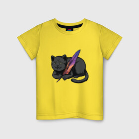 Детская футболка хлопок с принтом Чёрный кот с пёрышком в Курске, 100% хлопок | круглый вырез горловины, полуприлегающий силуэт, длина до линии бедер | Тематика изображения на принте: black cat | cats | cute | feather | fluffy | kitten | kitty | playful | pussy | pussycat | британская кошка | британский кот | градиент | играет с пером | киса | котенок | кошечка | кошка | милота | перо | прикол | пус | пусси | пушистый кот 