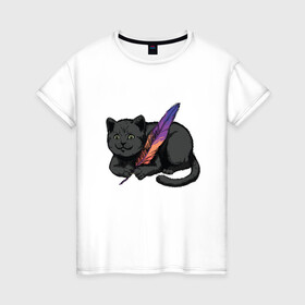 Женская футболка хлопок с принтом Чёрный кот с пёрышком в Курске, 100% хлопок | прямой крой, круглый вырез горловины, длина до линии бедер, слегка спущенное плечо | black cat | cats | cute | feather | fluffy | kitten | kitty | playful | pussy | pussycat | британская кошка | британский кот | градиент | играет с пером | киса | котенок | кошечка | кошка | милота | перо | прикол | пус | пусси | пушистый кот 
