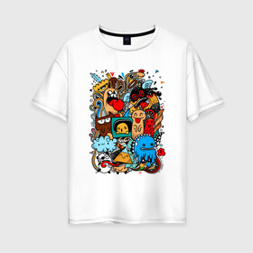 Женская футболка хлопок Oversize с принтом Doodle Monster | Дудл (Z) в Курске, 100% хлопок | свободный крой, круглый ворот, спущенный рукав, длина до линии бедер
 | doodle | doodle monster | графи | граффити | дудл | дудлинг | дудлы монстрики | мульт | мультяшная | разноцветные монстрики