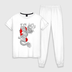 Женская пижама хлопок с принтом Японский Дракон в Курске, 100% хлопок | брюки и футболка прямого кроя, без карманов, на брюках мягкая резинка на поясе и по низу штанин | akatsuki | beast | dragon | акацуки | дракон | животные | зверь | змей | когти | облако | огонь | узор | чб | японский