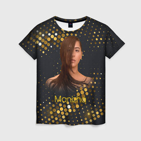 Женская футболка 3D с принтом Manizha Gold Black в Курске, 100% полиэфир ( синтетическое хлопкоподобное полотно) | прямой крой, круглый вырез горловины, длина до линии бедер | manizha | далеровна | душанбе | евровидение | евровидение 2021 | манижа | певица | таджикистан | хамраева