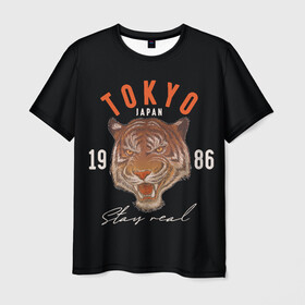 Мужская футболка 3D с принтом Tokyo Tiger Japan в Курске, 100% полиэфир | прямой крой, круглый вырез горловины, длина до линии бедер | Тематика изображения на принте: japan | tokyo | большая кошка | полосатый | тигр | тигрица | токио | хищник