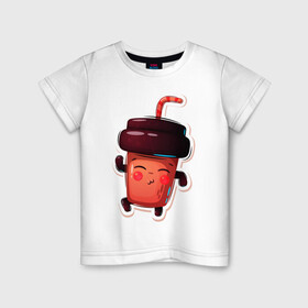 Детская футболка хлопок с принтом Кофейный стаканчик милашка в Курске, 100% хлопок | круглый вырез горловины, полуприлегающий силуэт, длина до линии бедер | кофе | малышка | милашка | мультяшка | стаканчик