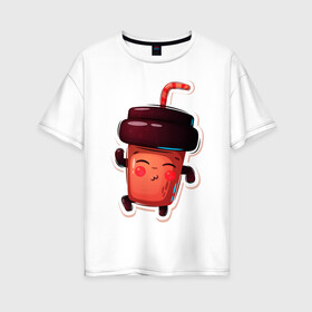 Женская футболка хлопок Oversize с принтом Кофейный стаканчик милашка в Курске, 100% хлопок | свободный крой, круглый ворот, спущенный рукав, длина до линии бедер
 | кофе | малышка | милашка | мультяшка | стаканчик