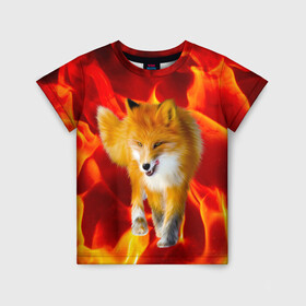 Детская футболка 3D с принтом Fire Fox в Курске, 100% гипоаллергенный полиэфир | прямой крой, круглый вырез горловины, длина до линии бедер, чуть спущенное плечо, ткань немного тянется | animal | fire | fox | texture | битва огней | животные | лис | лиса | огонь | пламя | стихия | текстура