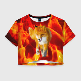 Женская футболка Crop-top 3D с принтом Fire Fox в Курске, 100% полиэстер | круглая горловина, длина футболки до линии талии, рукава с отворотами | animal | fire | fox | texture | битва огней | животные | лис | лиса | огонь | пламя | стихия | текстура