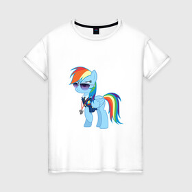 Женская футболка хлопок с принтом Pony - Rainbow Dash в Курске, 100% хлопок | прямой крой, круглый вырез горловины, длина до линии бедер, слегка спущенное плечо | applejack | friendship | mylittlepony | rainbow dash | twilight sparkle | waifu | вайфу | дружба это магия | кони | моя маленькая пони | мультфильм | пони | радуга | ренбоу деш | эплджек