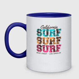 Кружка двухцветная с принтом Surf в Курске, керамика | объем — 330 мл, диаметр — 80 мм. Цветная ручка и кайма сверху, в некоторых цветах — вся внутренняя часть | surf | usa | калифорния | лето | море