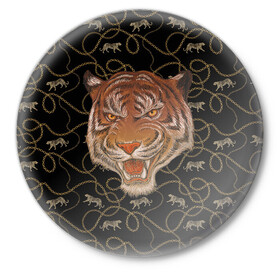 Значок с принтом Морда тигра в Курске,  металл | круглая форма, металлическая застежка в виде булавки | большая кошка | полосатый | тигр | тигрица | хищник