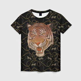 Женская футболка 3D с принтом Морда тигра в Курске, 100% полиэфир ( синтетическое хлопкоподобное полотно) | прямой крой, круглый вырез горловины, длина до линии бедер | большая кошка | полосатый | тигр | тигрица | хищник
