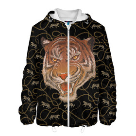 Мужская куртка 3D с принтом Морда тигра в Курске, ткань верха — 100% полиэстер, подклад — флис | прямой крой, подол и капюшон оформлены резинкой с фиксаторами, два кармана без застежек по бокам, один большой потайной карман на груди. Карман на груди застегивается на липучку | большая кошка | полосатый | тигр | тигрица | хищник