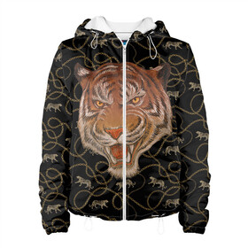 Женская куртка 3D с принтом Морда тигра в Курске, ткань верха — 100% полиэстер, подклад — флис | прямой крой, подол и капюшон оформлены резинкой с фиксаторами, два кармана без застежек по бокам, один большой потайной карман на груди. Карман на груди застегивается на липучку | большая кошка | полосатый | тигр | тигрица | хищник