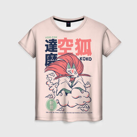 Женская футболка 3D с принтом Anime Kuko Demon Yokai  в Курске, 100% полиэфир ( синтетическое хлопкоподобное полотно) | прямой крой, круглый вырез горловины, длина до линии бедер | anime art | folklore | fox | illustration | japan | japanese | kanji | legend | red demon | satanic | void | аниме | аниме арт | городские легенды | демон | ёкай | иероглифы | иллюстрация | йокай | кандзи | лиса | манга | они | фольклор | япони