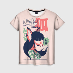 Женская футболка 3D с принтом Anime Kitsune Demon Yokai  в Курске, 100% полиэфир ( синтетическое хлопкоподобное полотно) | прямой крой, круглый вырез горловины, длина до линии бедер | Тематика изображения на принте: anime art | folklore | illustration | japan | japanese | kanji | legend | satanic | аниме | аниме арт | городские легенды | демон | ёкай | иероглифы | иллюстрация | йокай | кандзи | кицуне | кицунэ | лисичка | манга | они | фольклор