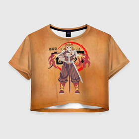 Женская футболка Crop-top 3D с принтом Кёджуро Ренгоку Kimetsu no Yaiba в Курске, 100% полиэстер | круглая горловина, длина футболки до линии талии, рукава с отворотами | demon slayer | kamado | kimetsu no yaiba | nezuko | tanjiro | аниме | гию томиока | зеницу агацума | иноске хашибира | камадо | клинок | корзинная девочка | манга | музан кибуцуджи | незуко | рассекающий демонов | танджиро