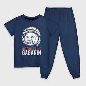Детская пижама хлопок с принтом Быть первым как Юрий Гагарин. в Курске, 100% хлопок |  брюки и футболка прямого кроя, без карманов, на брюках мягкая резинка на поясе и по низу штанин
 | астронавт | восток1 | гагарин | земля | космонавт | космос | планеты | юрий
