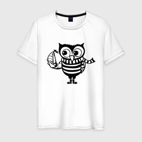 Мужская футболка хлопок с принтом Сова с корабликом в Курске, 100% хлопок | прямой крой, круглый вырез горловины, длина до линии бедер, слегка спущенное плечо. | owl | owls | сова | совушка | совы | филин | фраза | юмор