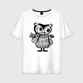 Женская футболка хлопок Oversize с принтом Сова с цветком в Курске, 100% хлопок | свободный крой, круглый ворот, спущенный рукав, длина до линии бедер
 | owl | owls | сова | совушка | совы | филин | фраза | юмор