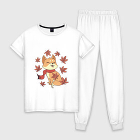 Женская пижама хлопок с принтом Осенний милый котик и листопад в Курске, 100% хлопок | брюки и футболка прямого кроя, без карманов, на брюках мягкая резинка на поясе и по низу штанин | art | autumn | cat | cats | cute | fall | kawaii | kitten | kitty | leaf fall | pussycat | арт | в шарфике | иллюстрация | кавайи | кавайный кот | клен | кленовые листья | котенок | коты | котята | листья | милота | осень | рисунок | рыжий ко