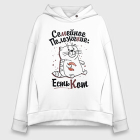 Женское худи Oversize хлопок с принтом Семейное положение: есть кот в Курске, френч-терри — 70% хлопок, 30% полиэстер. Мягкий теплый начес внутри —100% хлопок | боковые карманы, эластичные манжеты и нижняя кромка, капюшон на магнитной кнопке | кот | надписи | семейное положение | юмор